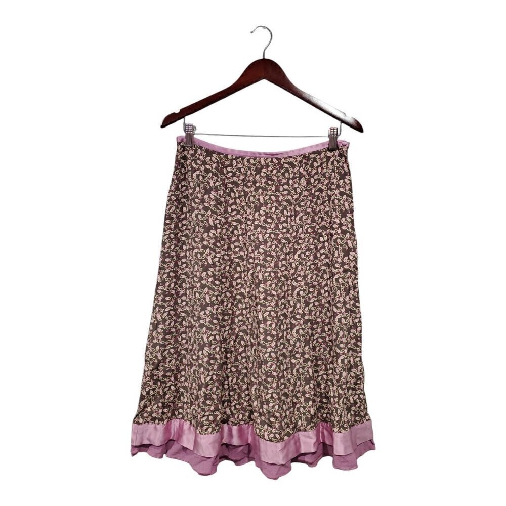 J. Jill Women's Floral A-Line Purple Satin Trimmed Skirt Ruffles Zip Size 8